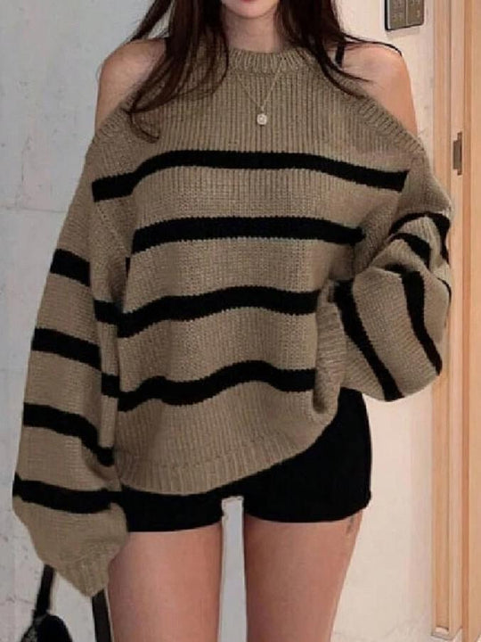 Damen Off-Shoulder Strickpullover mit breiten Streifen EB