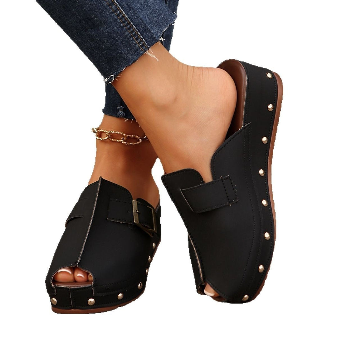 Damen Wedge-Pantoletten mit modischem Schnallen-Design und dekorativen Nieten EB