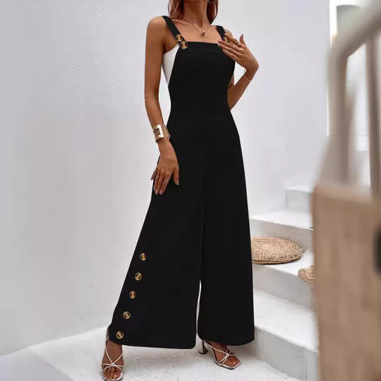 Damen modischer Jumpsuit mit eleganten Knopfdetails und weitem Bein EB