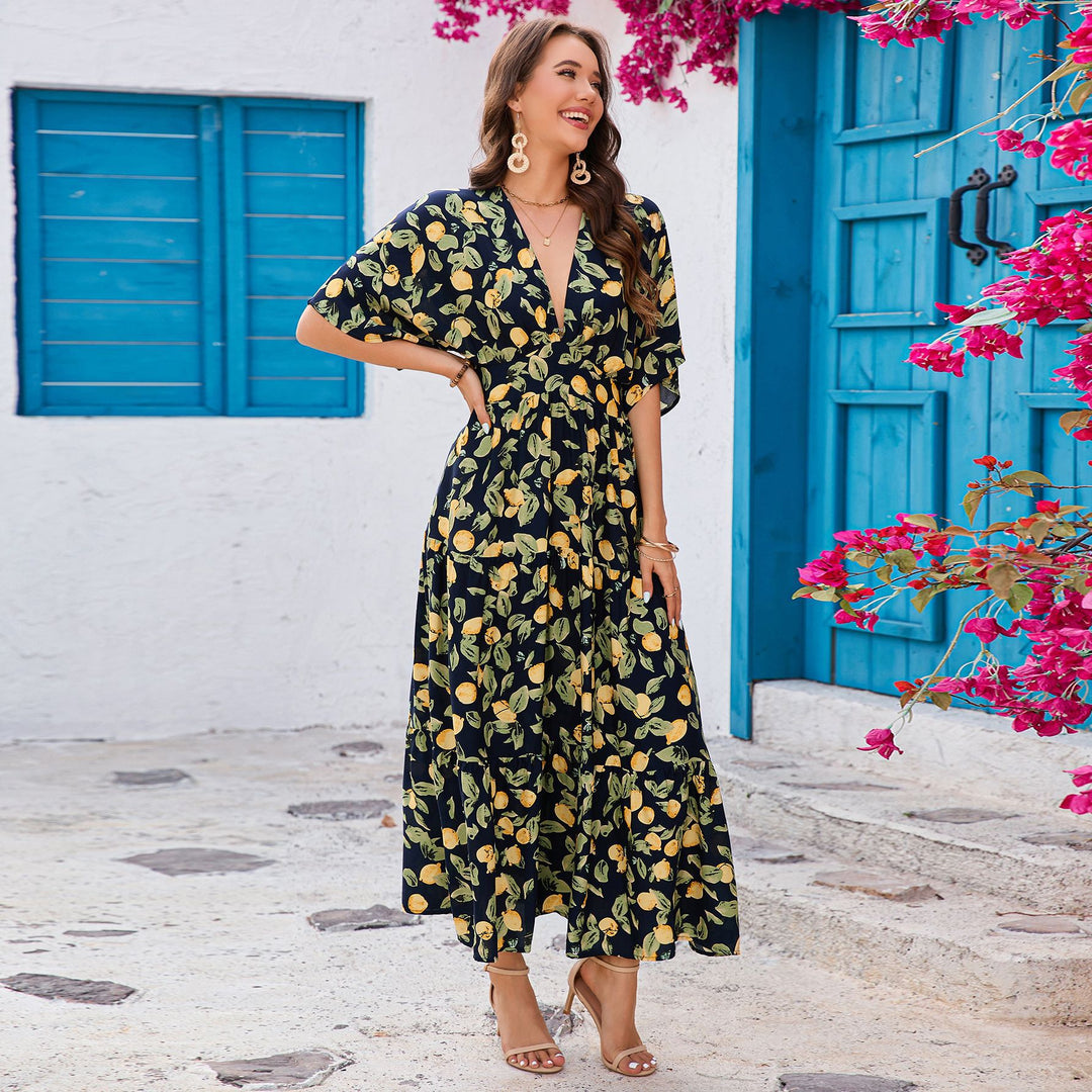 Damen Maxikleid mit elegantem V-Ausschnitt und floralen Design EB
