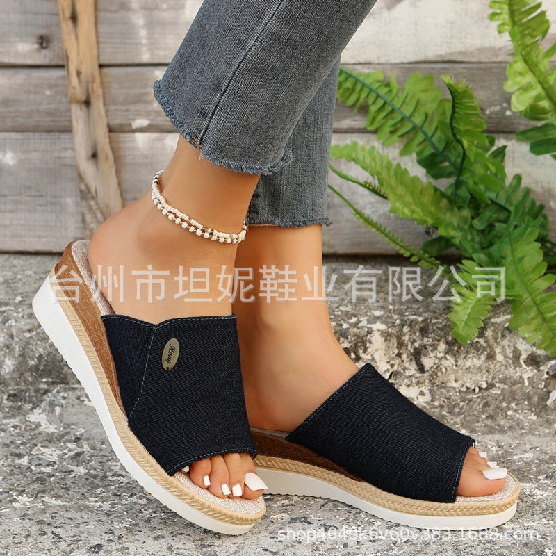 Damen Wedge-Pantoletten mit elegantem Denim-Obermaterial und komfortabler Fußbettung EB