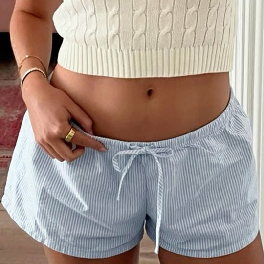 Damen Kurzschlafhose mit elastischem Bund und modischem Bindegürtel EB