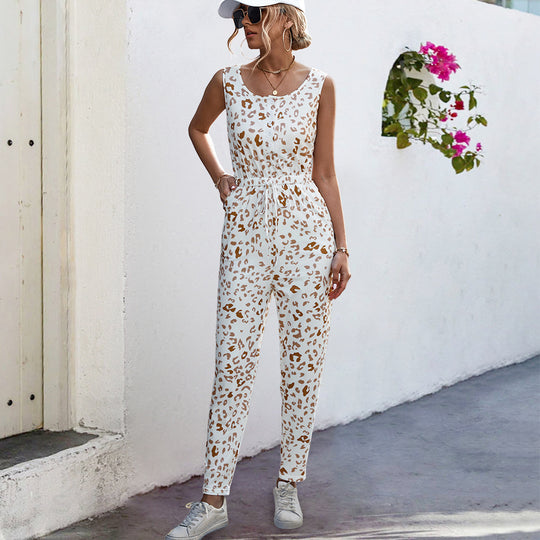 Damen Lässiger Jumpsuit mit Leomuster und elastischem Bund EB
