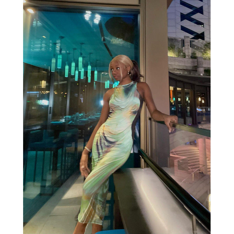 Damen Figurbetontes Maxikleid mit elegantem Grafikdruck und raffinierten Trägern EB