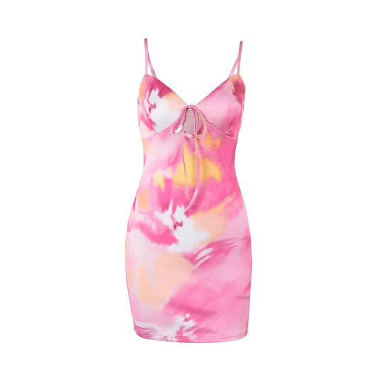 Damen figurbetontes Sommerkleid mit trägerlosem Design und verführerischem Krawattenverschluss EB