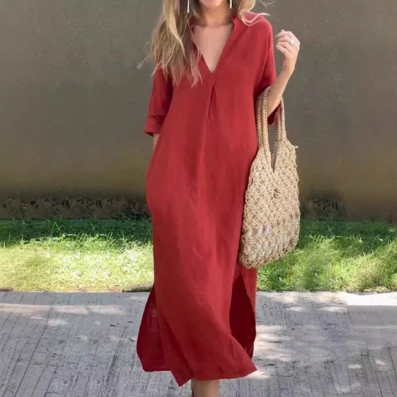 Damen Lässiges Maxikleid mit V-Ausschnitt und praktischen Seitenschlitzen EB