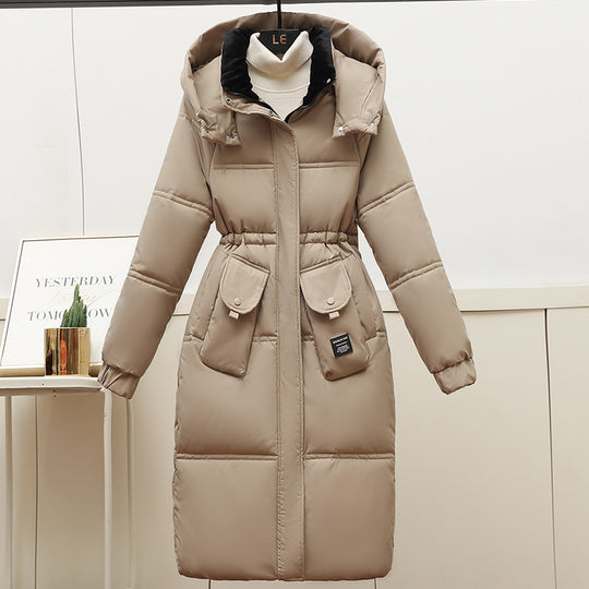 Damen Lange Pufferjacke mit abnehmbarer Kapuze und großen Taschen EB