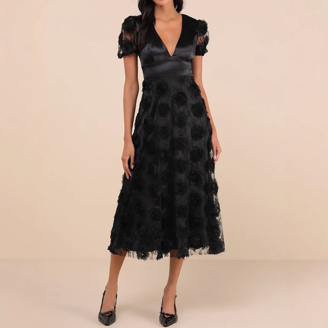 Damen Elegantes Maxikleid mit floralem Spitzenbesatz EB