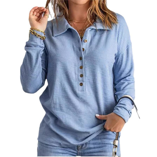 Damen Langarm-Bluse mit knöpfbarem Kragen und strukturiertem Stoff EB
