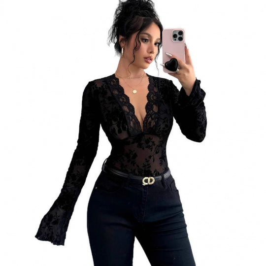 Damen Spitzen-Bodysuit mit tiefem V-Ausschnitt und romantischen Rüschendetails EB