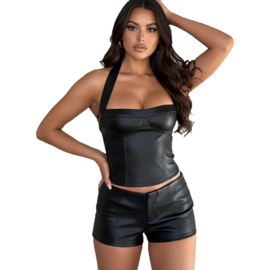 Damen Kunstleder Crop-Top mit romantischem Schnitt und verführerischem Bustier-Wirkung EB