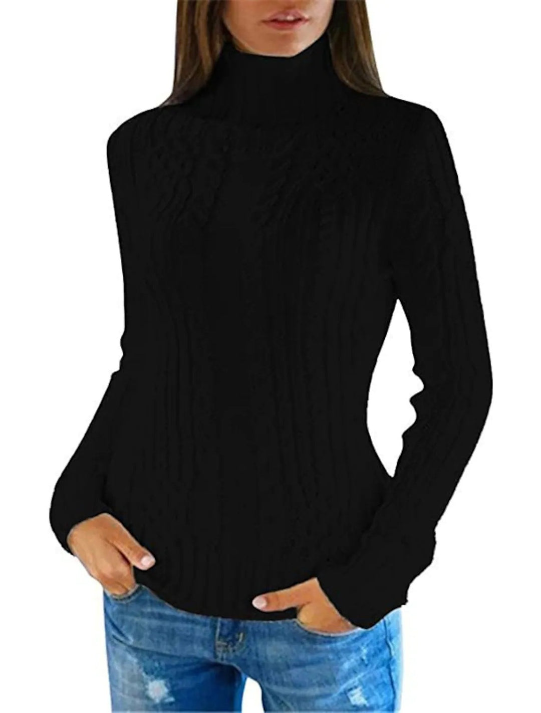 Damen Rolkragenpullover mit Zopfmuster und bequemer Passform EB