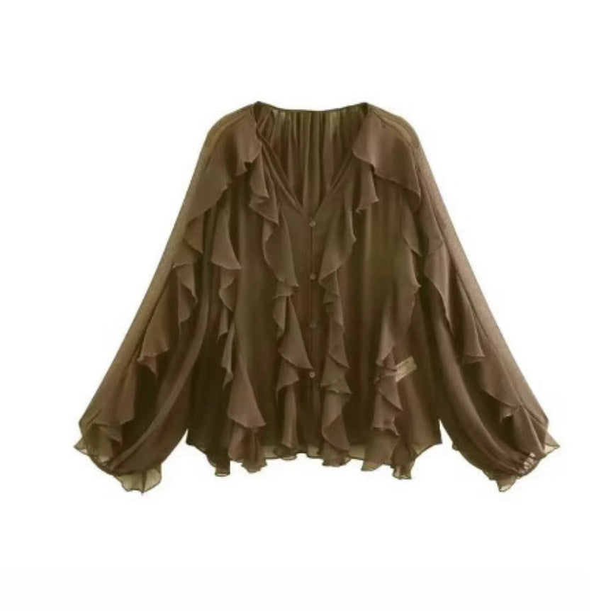 Damen nan feminine Chiffon-Volantbluse mit Ballonärmeln und V-Ausschnitt EB