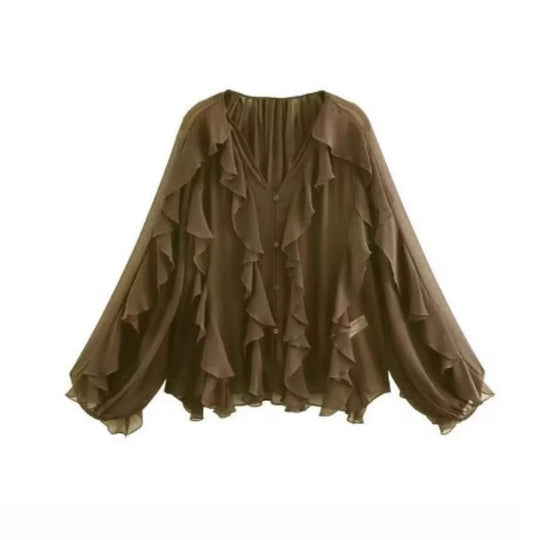 Damen nan feminine Chiffon-Volantbluse mit Ballonärmeln und V-Ausschnitt EB