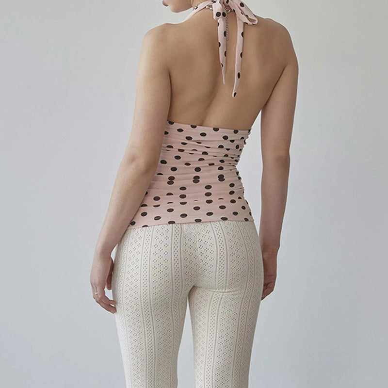 Damen Spaghetti-Trägertop mit Rüschen und verspieltem Punkte-Design EB