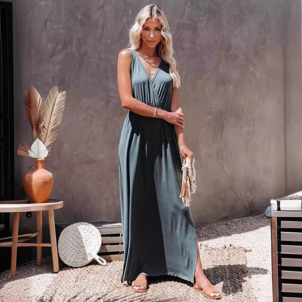 Damen Maxi-Kleid mit elegantem Wickeldesign und hohem Schlitz EB