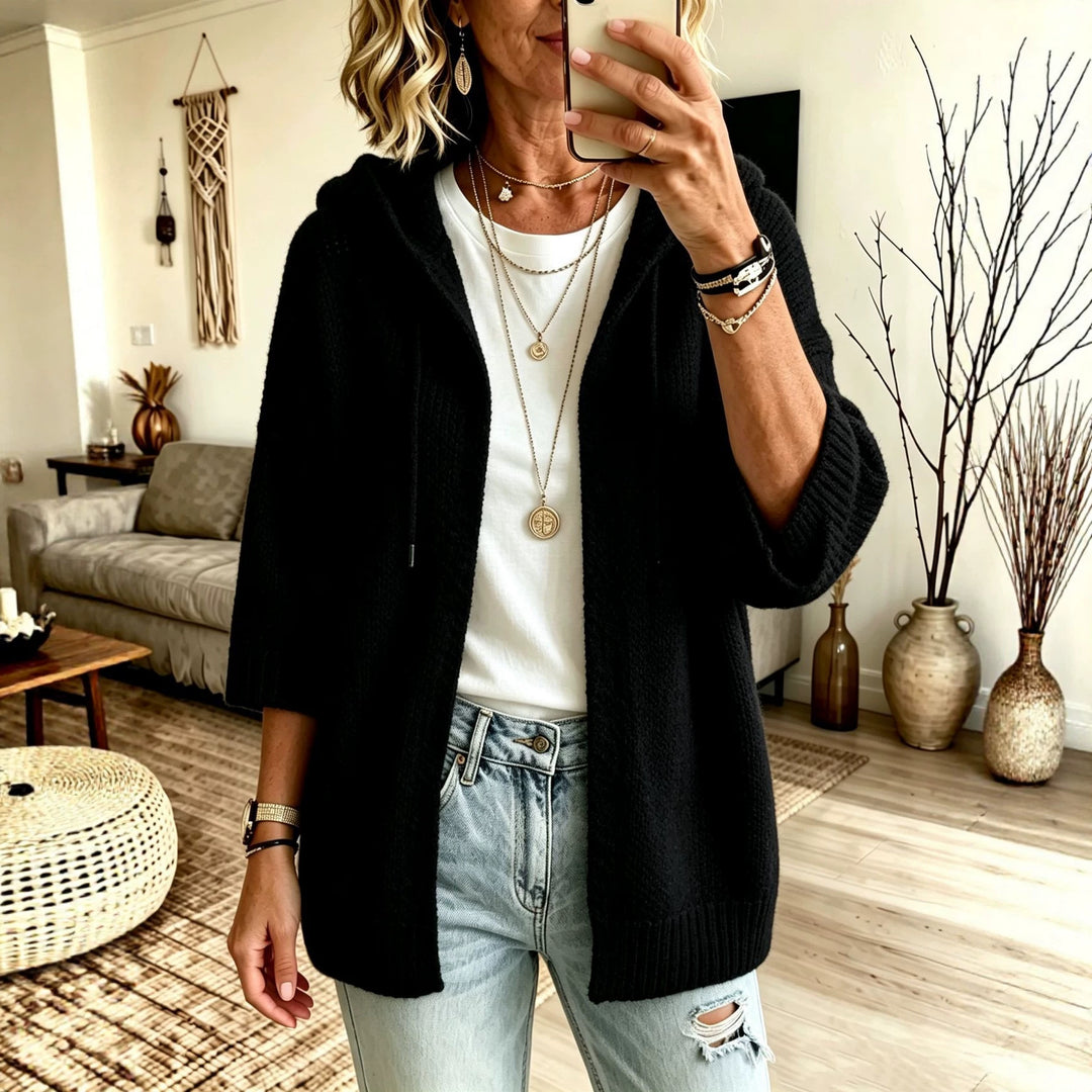 Damen Kapuzen-Longcardigan aus grobem Strick mit 3/4-Ärmeln und offener Front EB