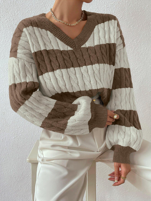 Damen V-Ausschnitt Strickpullover mit Rippstruktur und langen Ärmeln EB
