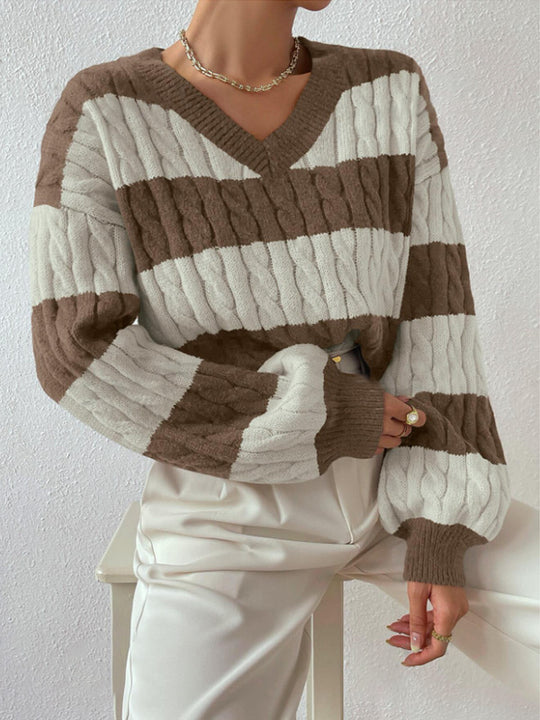 Damen V-Ausschnitt Strickpullover mit Rippstruktur und langen Ärmeln EB