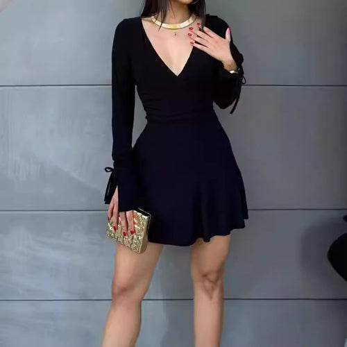 Damen Wickelkleid mit langen Ärmeln und dekorativen Knoten EB