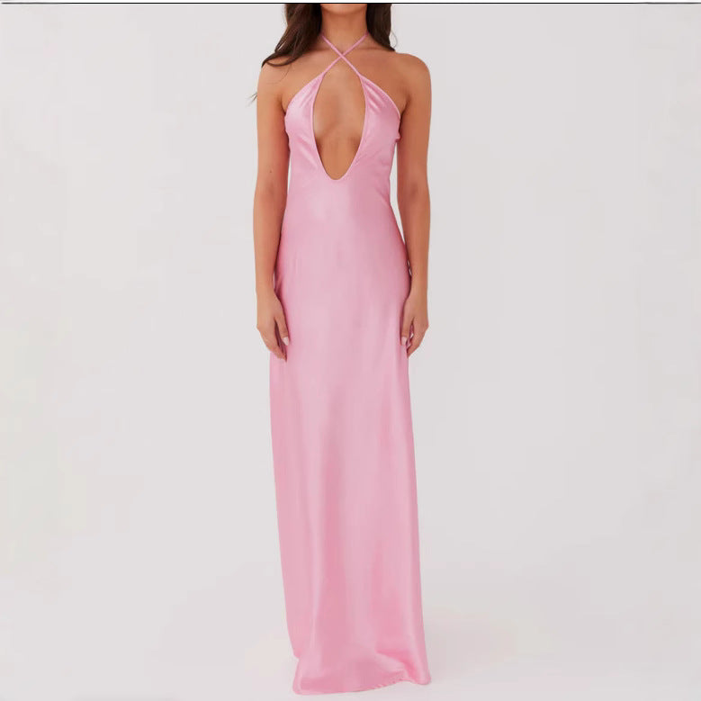 Damen Maxikleid mit tiefem V-Ausschnitt und eleganter Rückenansicht EB