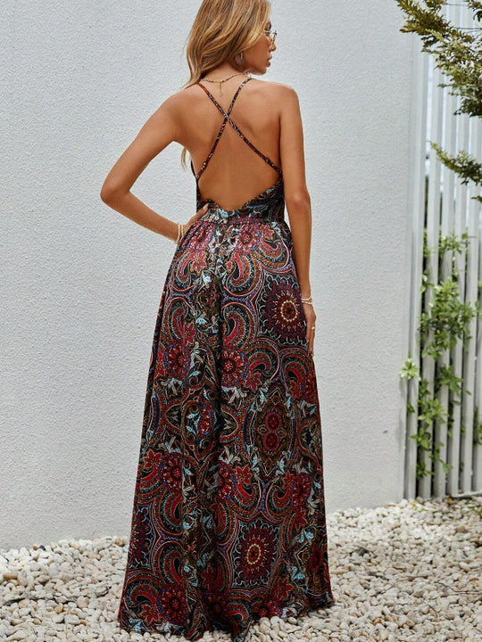 Damen Maxikleid mit tiefem V-Ausschnitt und floralem Muster EB