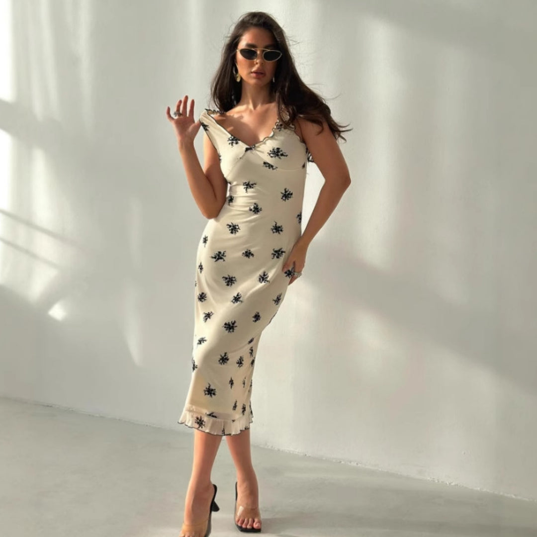Damen Elegantes Maxikleid mit floralen Motiven und Rüschen EB