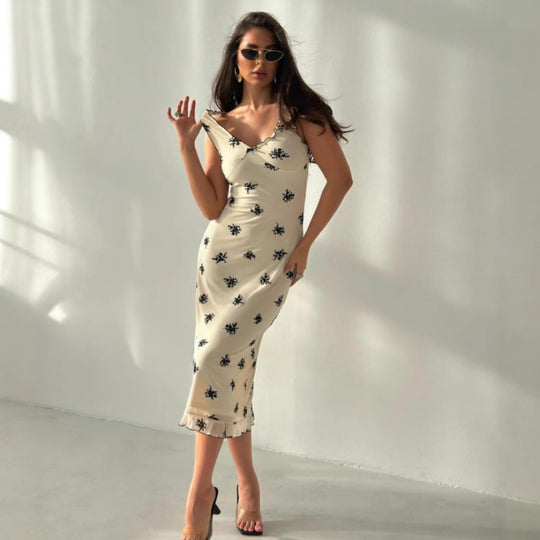Damen Elegantes Maxikleid mit floralen Motiven und Rüschen EB
