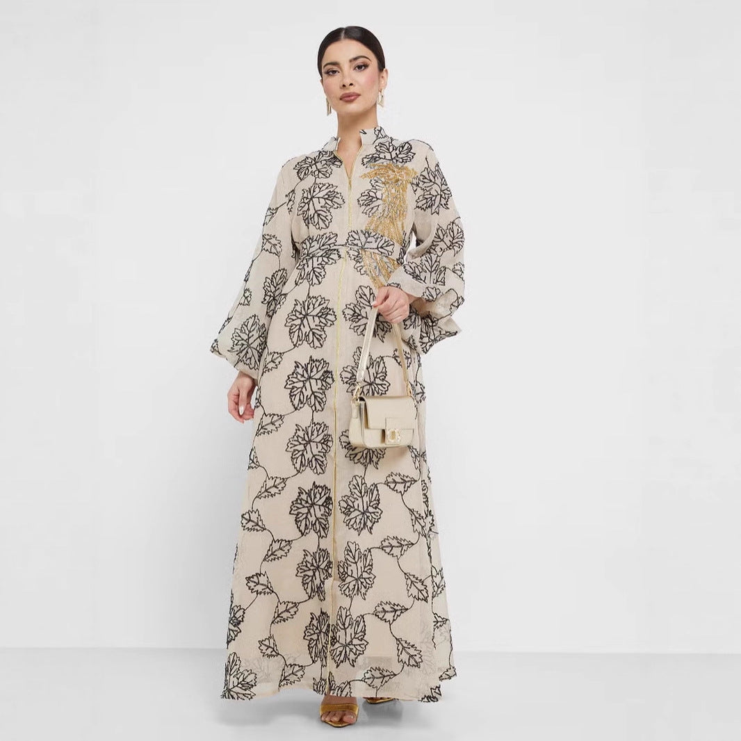 Damen Besticktes Maxikleid im Kaftan-Stil mit Reißverschluss, Taillengürtel und Ballonärmeln EB