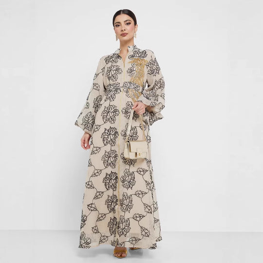 Damen Besticktes Maxikleid im Kaftan-Stil mit Reißverschluss, Taillengürtel und Ballonärmeln EB