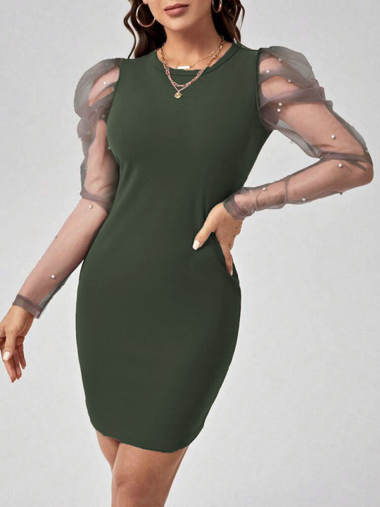 Damen Minikleid mit Tüllärmeln und Perlendetails EB