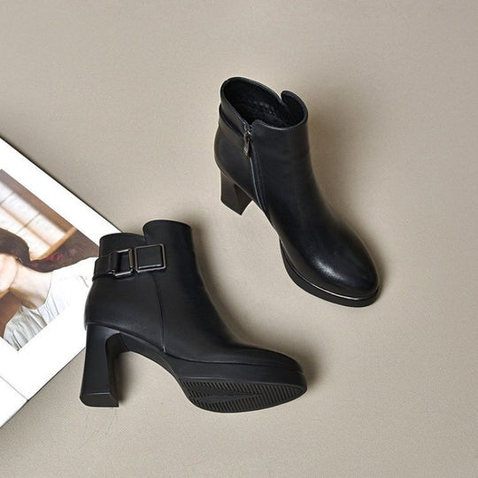 Damen Elegante Stiefeletten mit Blockabsatz und verstellbarem Riemen EB