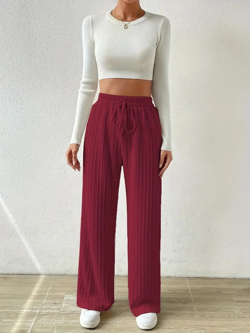 Damen Palazzo-Hose mit vertikalem Kordeldesign und elastischem Bund EB