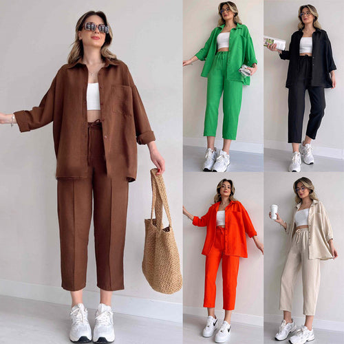 Damen lässiges Zweiteiliges Set aus übergroßem Hemd und bequemen Hosen EB
