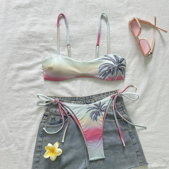 Damen Triangel-Bikini mit Palmenmotiv und verstellbaren Trägern EB