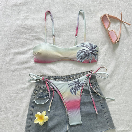 Damen Triangel-Bikini mit Palmenmotiv und verstellbaren Trägern EB
