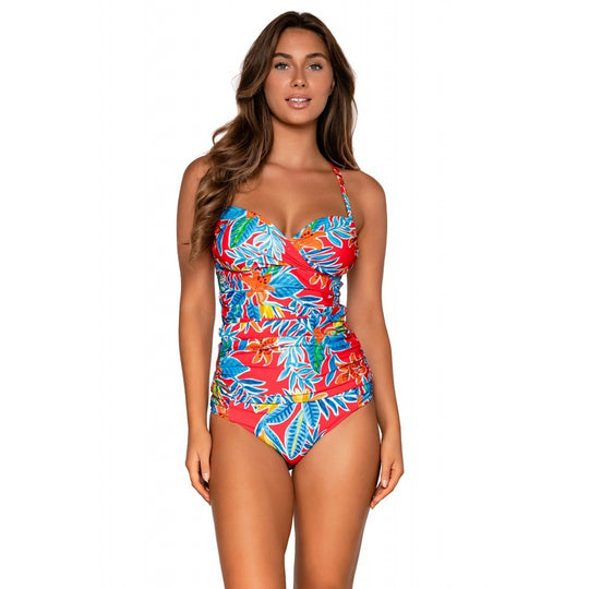 Damen Einteiliger Badeanzug mit floralem Wickeldesign und verstellbaren Trägern EB