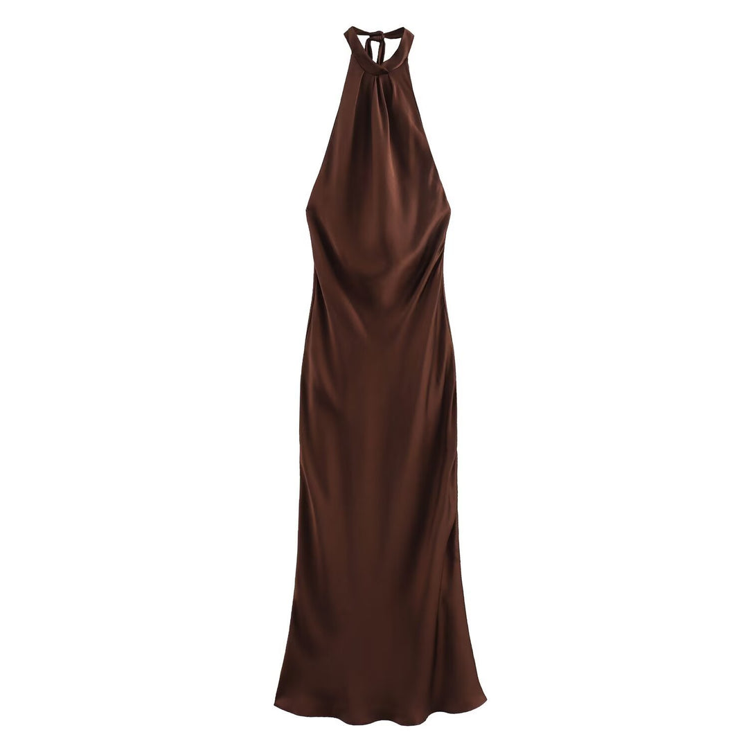 Damen Elegantes Maxikleid mit schimmerndem Wasserfallausschnitt und figurumspielendem Schnitt EB