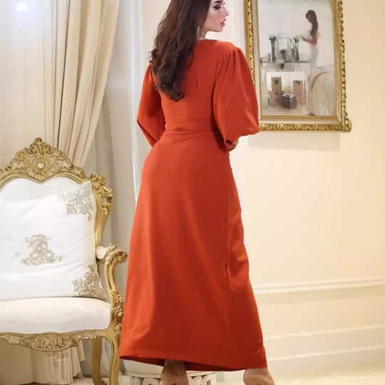 Damen Elegantes Maxikleid mit voluminösen Ärmeln und taillierter Drapierung EB