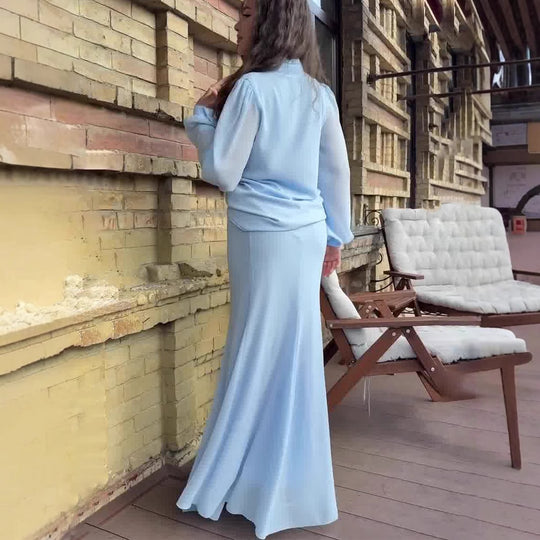 Damen Elegantes Maxi-Kleid mit transparenten Ärmeln und Hochgeschlossenem Design EB