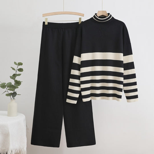 Damen Komfortables Strick-Loungewear-Set mit hohem Kragen und breiten Streifen EB