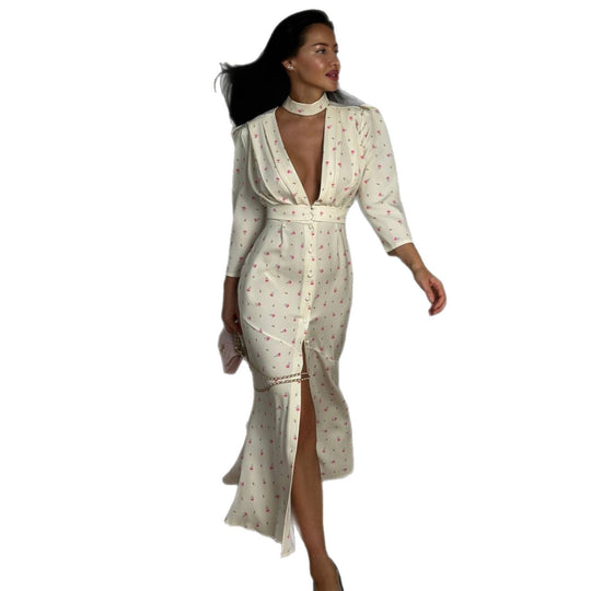 Damen Maxikleid mit elegantem V-Ausschnitt und trendigem Knopfdesign EB