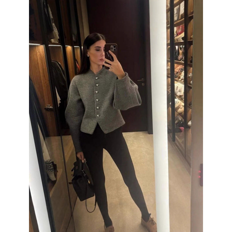 Damen zeitlose Strickjacke mit eleganten Knöpfen und voluminösen Ärmeln EB