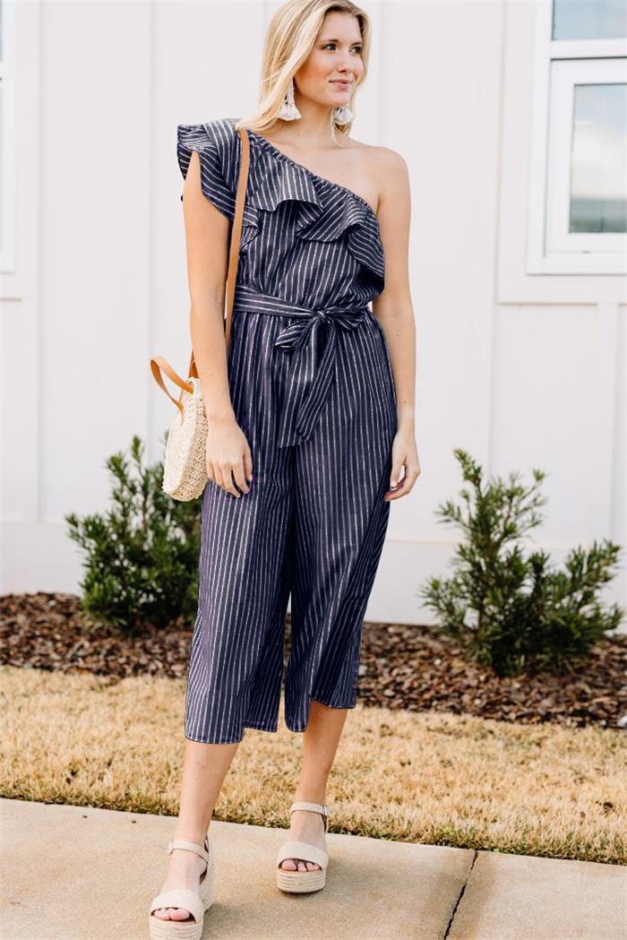 Damen Wickel-Jumpsuit mit asymmetrischem Träger und voluminösen Rüschen EB