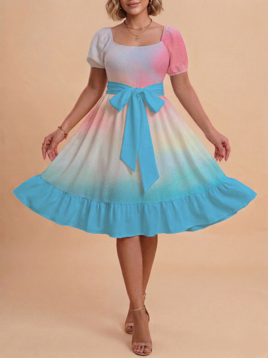 Damen Retro Maxikleid mit Puffärmeln und Taillengürtel EB