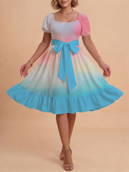 Damen Retro Maxikleid mit Puffärmeln und Taillengürtel EB
