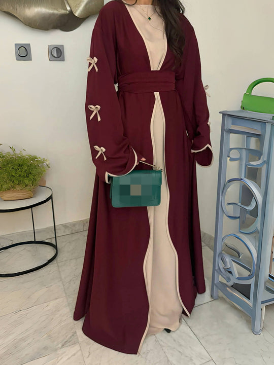 Damen nan elegante Abaya-Kaftan mit weitem Trompetenärmel, kontrastierender Passe und Wickelgürtel EB