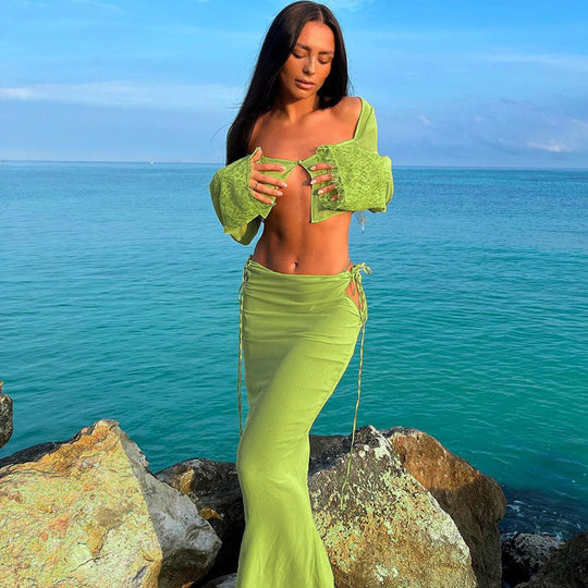 Damen Transparentes Set mit Crop-Top und Maxirock EB