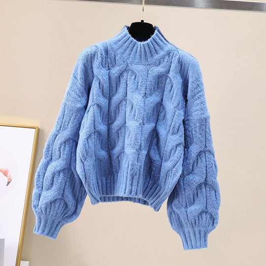 Damen kuscheliger Strickpullover mit voluminösen Ärmeln und Zopfmuster EB