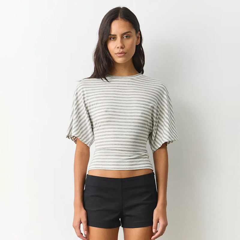 Damen modernes Kurzarm-Top mit lässigem Streifenmuster und elegantem Schnitt EB